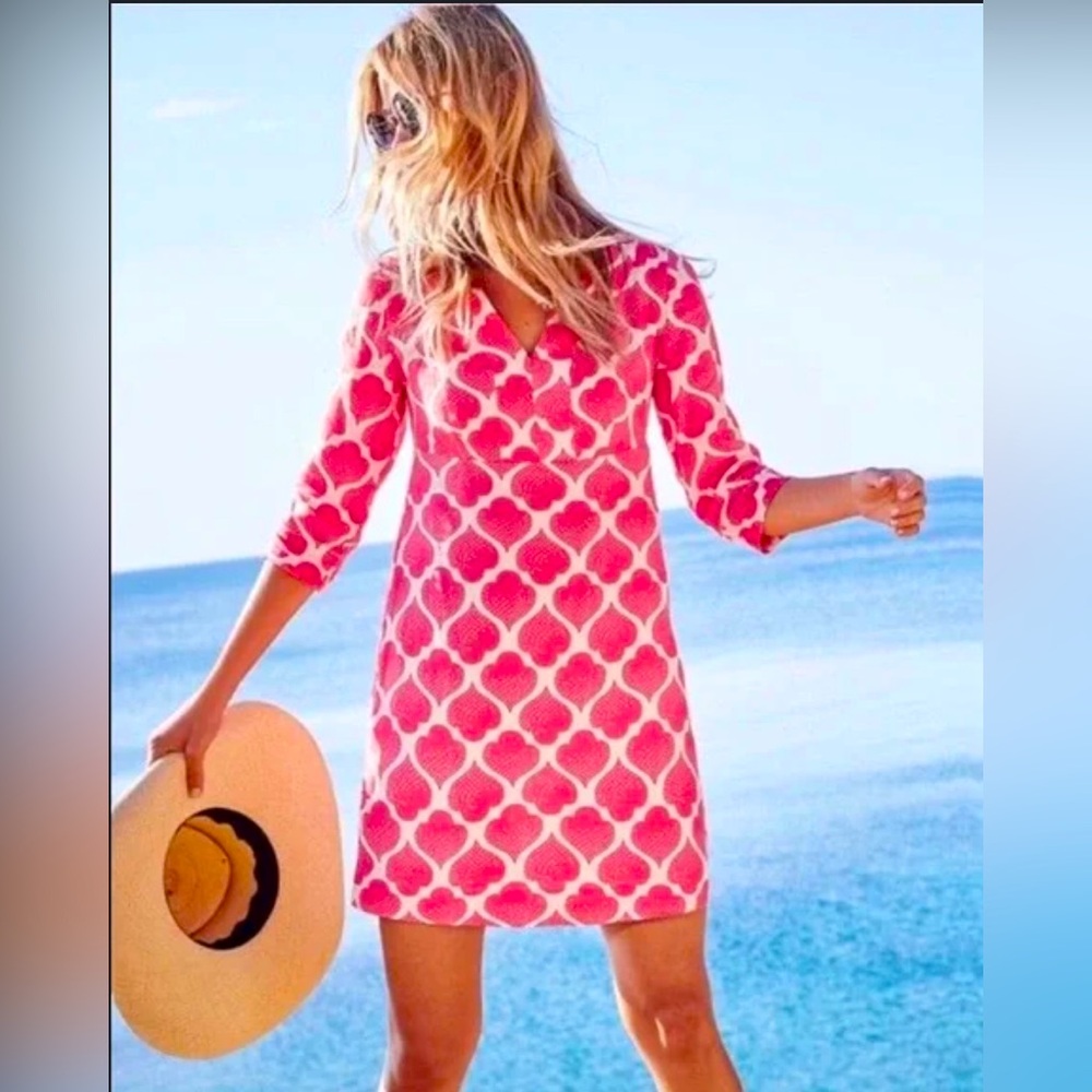 Boden EUC Size 2P Pretty Coral & White 3/4 Length Linen Mini Dress (0554)